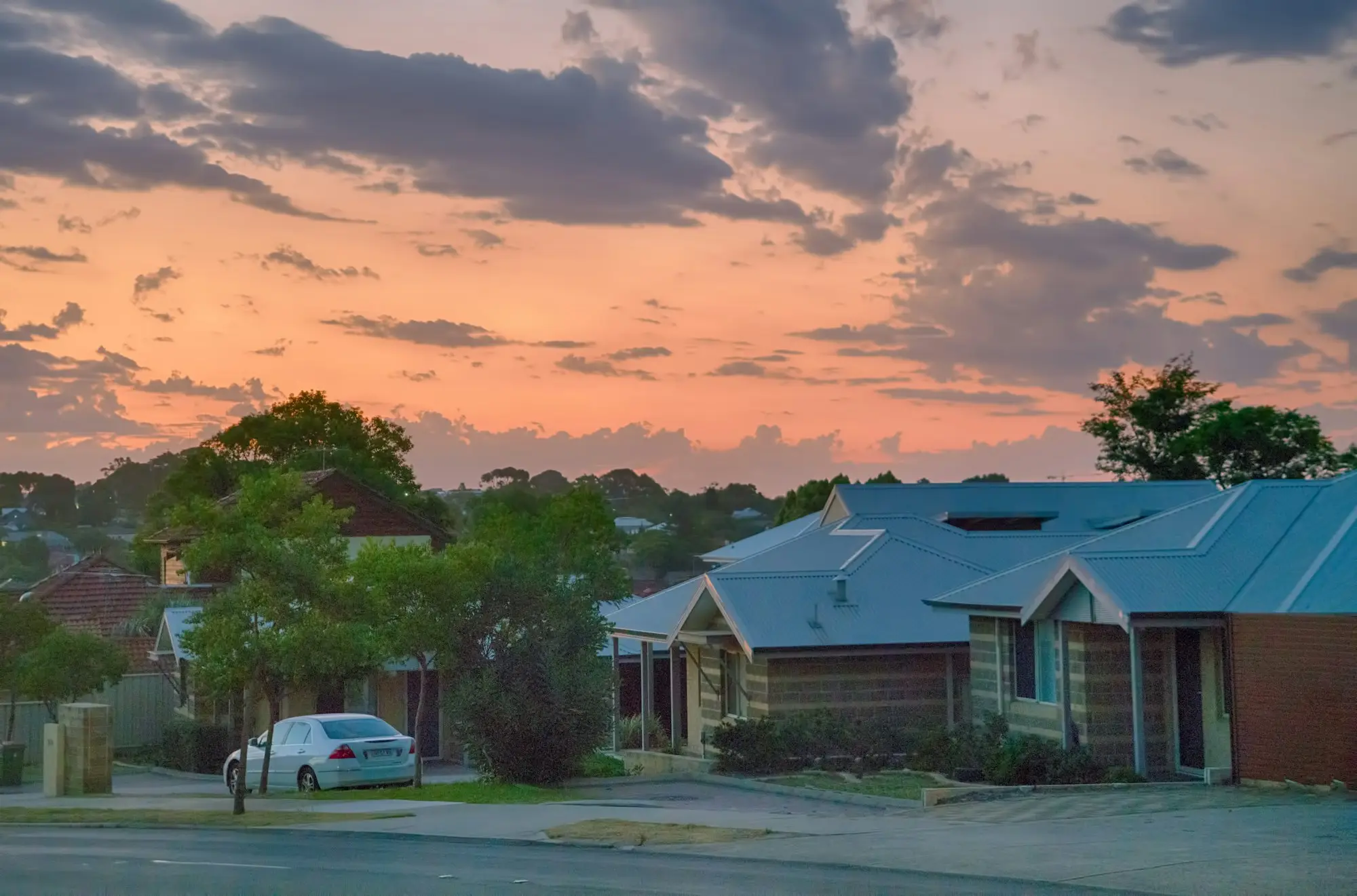 Suburban houses at sunset